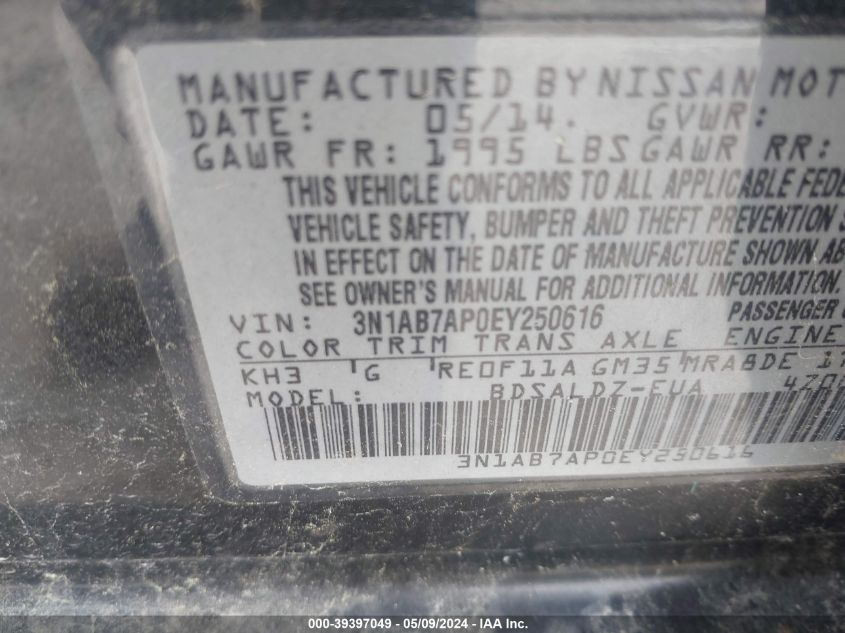 2014 Nissan Sentra Sv VIN: 3N1AB7AP0EY250616 Lot: 39397049