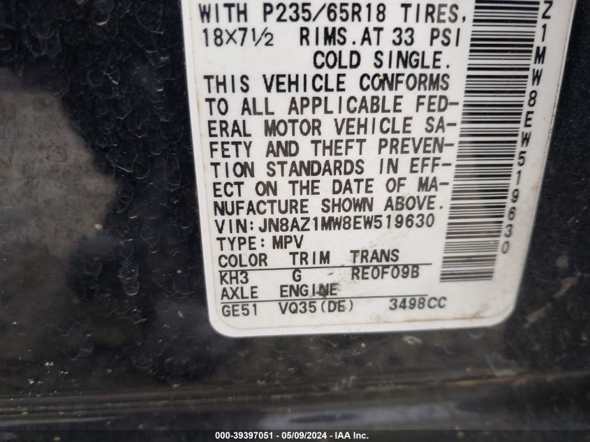 2014 Nissan Murano Sv VIN: JN8AZ1MW8EW519630 Lot: 39397051