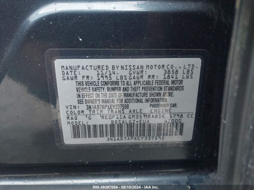 2014 Nissan Sentra Fe+ S/Fe+ Sv/S/Sl/Sr/Sv VIN: 3N1AB7APXEY337598 Lot: 39397054