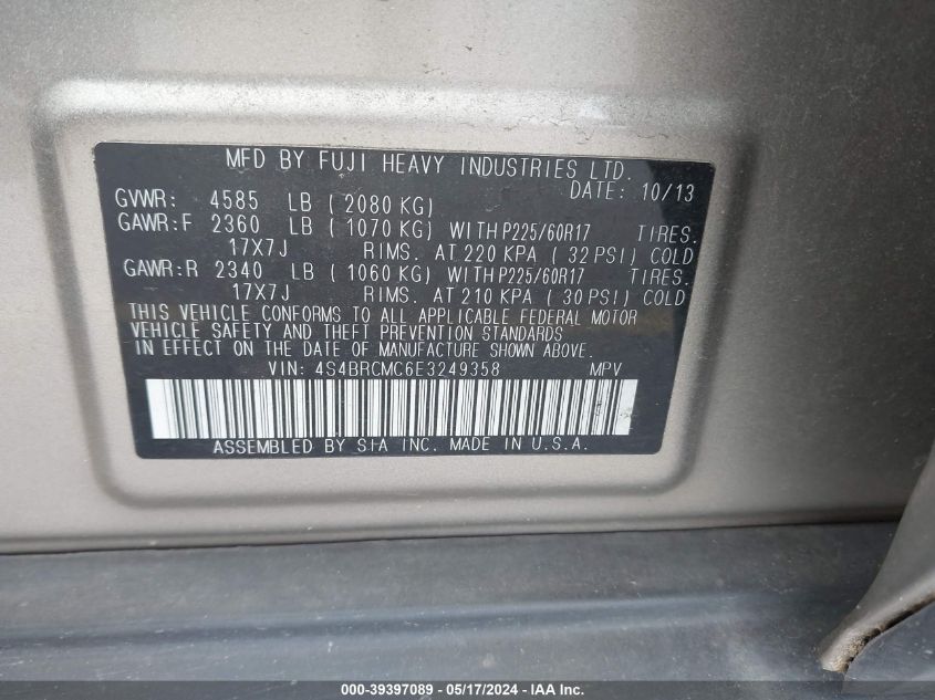 2014 Subaru Outback 2.5I Limited VIN: 4S4BRCMC6E3249358 Lot: 39397089