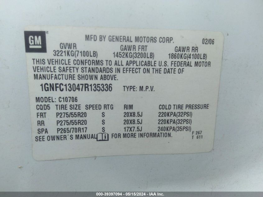 2007 Chevrolet Tahoe Lt VIN: 1GNFC13047R135336 Lot: 39397094