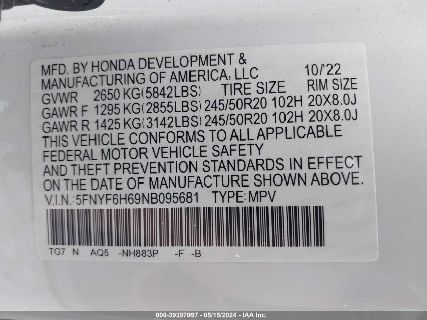 2022 Honda Pilot Awd Touring 7 Passenger VIN: 5FNYF6H69NB095681 Lot: 39397097