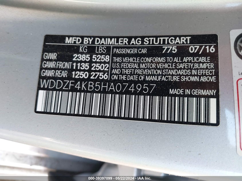 VIN WDDZF4KB5HA074957 2017 MERCEDES-BENZ E 300 4MATIC