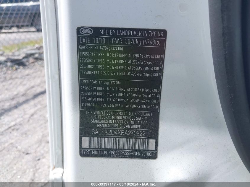 2011 Land Rover Range Rover Sport Hse VIN: SALSK2D4XBA270922 Lot: 39397117