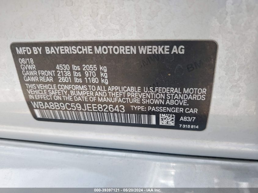 2018 BMW 330I VIN: WBA8B9C59JEE82643 Lot: 39397121