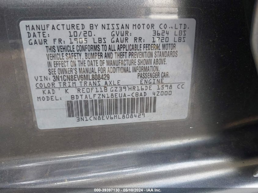 2021 Nissan Versa Sv Xtronic Cvt VIN: 3N1CN8EV6ML808429 Lot: 39397130