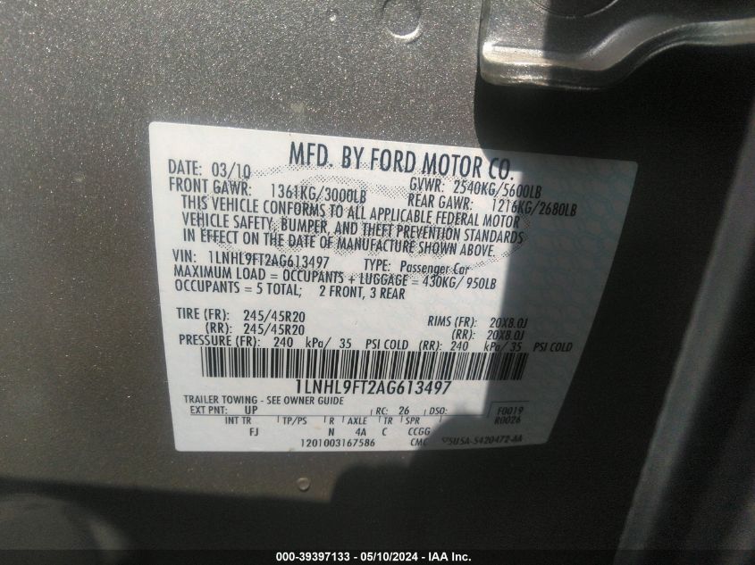 2010 Lincoln Mks Ecoboost VIN: 1LNHL9FT2AG613497 Lot: 39397133