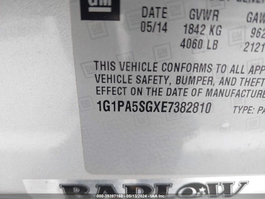 2014 Chevrolet Cruze Ls Auto VIN: 1G1PA5SGXE7382810 Lot: 39397168