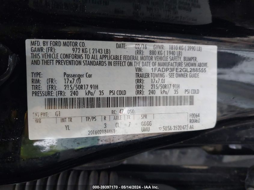 2016 Ford Focus Se VIN: 1FADP3FE2GL288555 Lot: 39397170