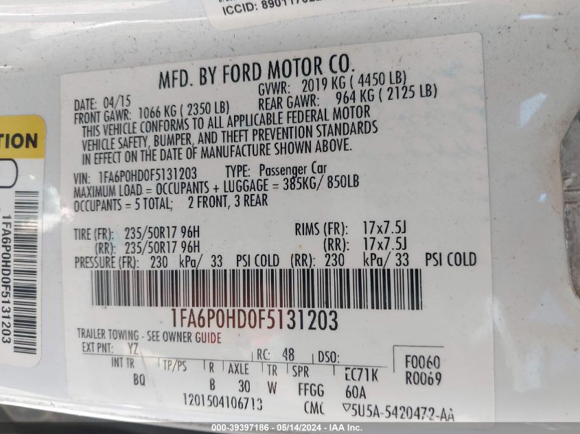 2015 Ford Fusion Se VIN: 1FA6P0HD0F5131203 Lot: 39397186