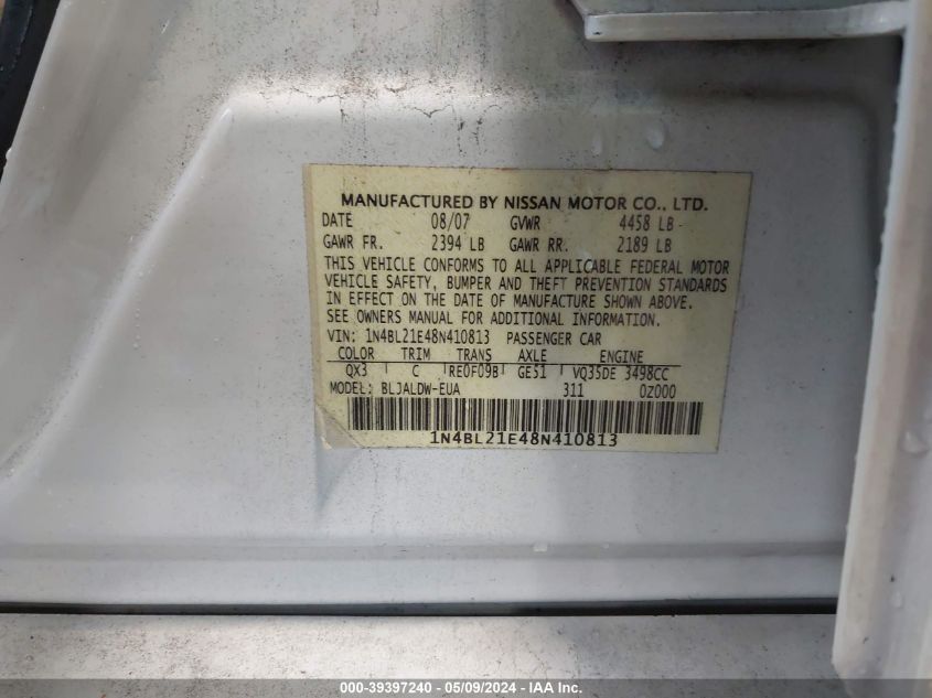 2008 Nissan Altima 3.5 Se VIN: 1N4BL21E48N410813 Lot: 39397240
