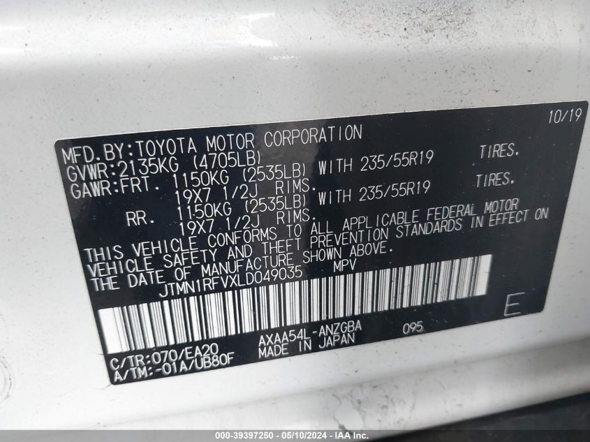 2020 Toyota Rav4 Limited VIN: JTMN1RFVXLD049035 Lot: 39397250