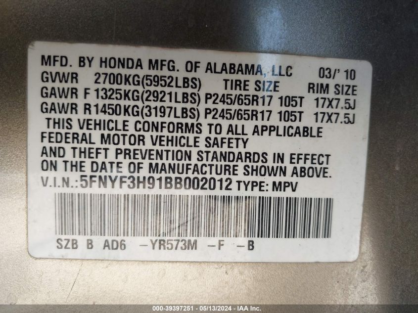2011 Honda Pilot Touring VIN: 5FNYF3H91BB002012 Lot: 39397251
