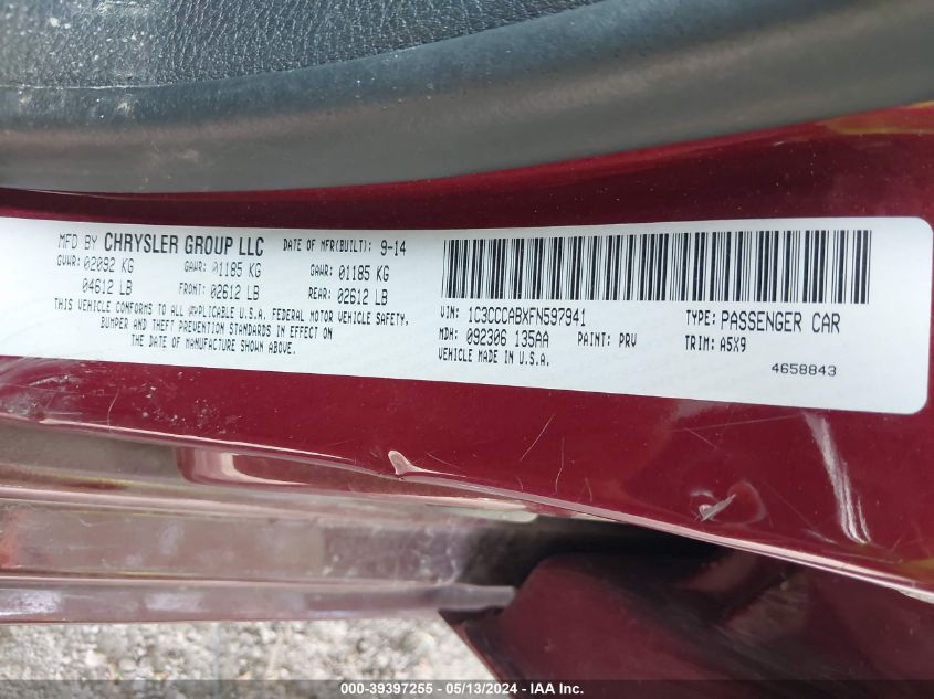 2015 Chrysler 200 Limited VIN: 1C3CCCABXFN597941 Lot: 39397255