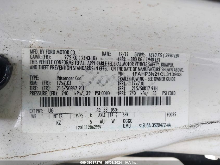 2012 Ford Focus Titanium VIN: 1FAHP3N21CL313903 Lot: 39397275