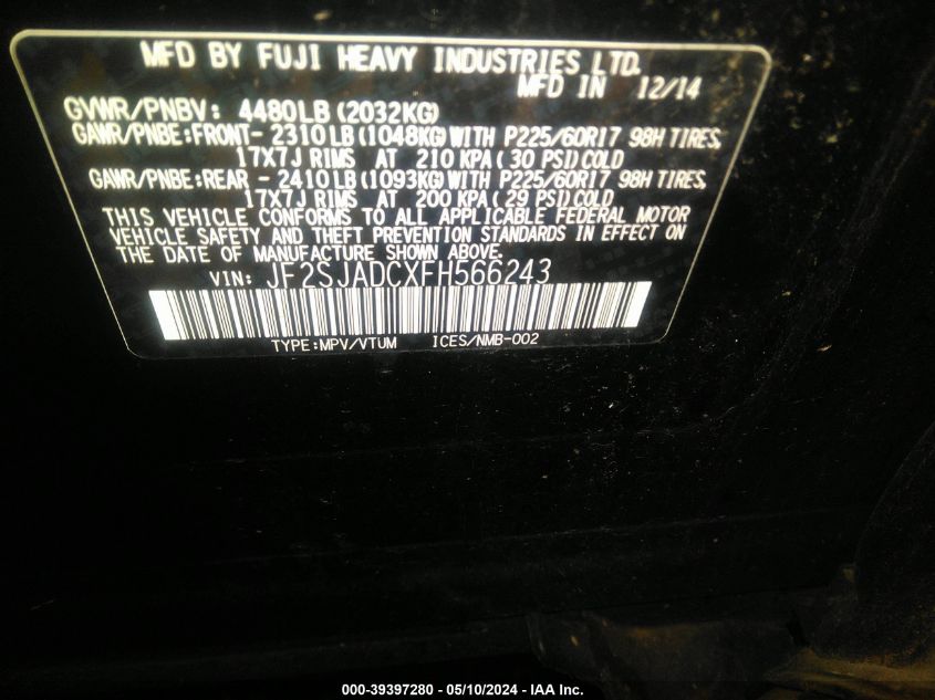 2015 Subaru Forester 2.5I Premium VIN: JF2SJADCXFH566243 Lot: 39397280