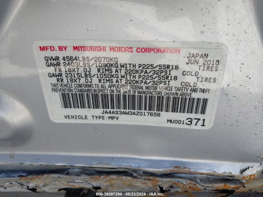 2010 Mitsubishi Outlander Se VIN: JA4AS3AW3AZ017658 Lot: 39397294