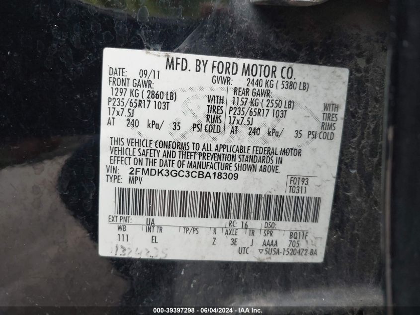 2012 Ford Edge Se VIN: 2FMDK3GC3CBA18309 Lot: 39397298