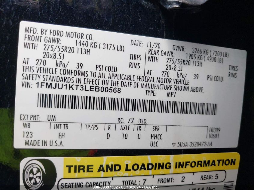 2020 Ford Expedition Limited VIN: 1FMJU1KT3LEB00568 Lot: 39397302