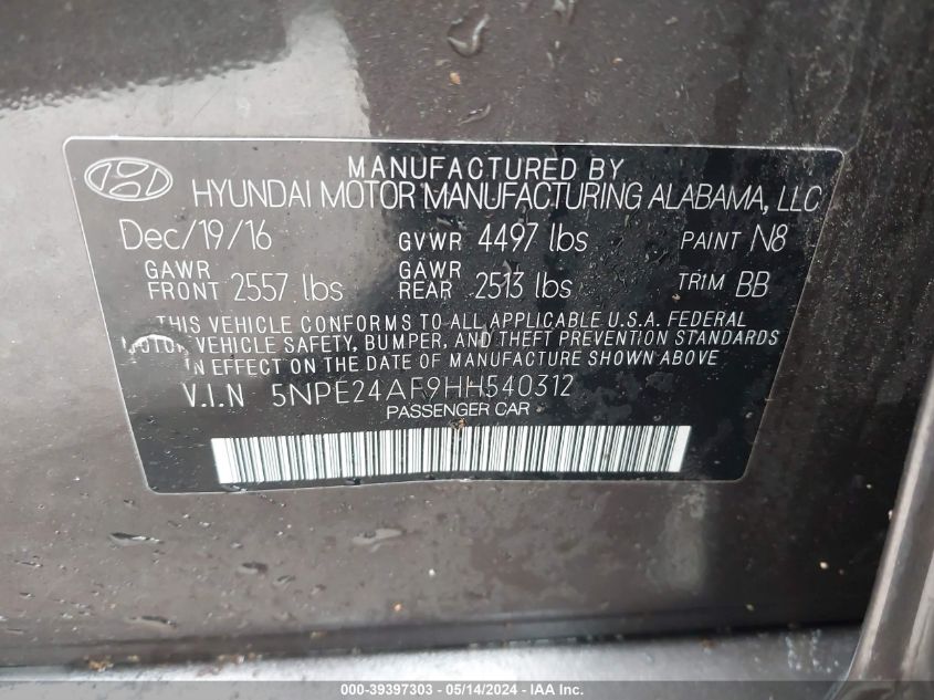 2017 HYUNDAI SONATA SE - 5NPE24AF9HH540312