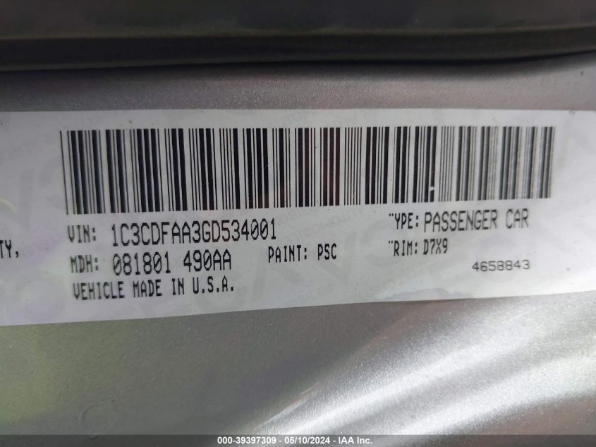 2016 Dodge Dart Se VIN: 1C3CDFAA3GD534001 Lot: 39397309