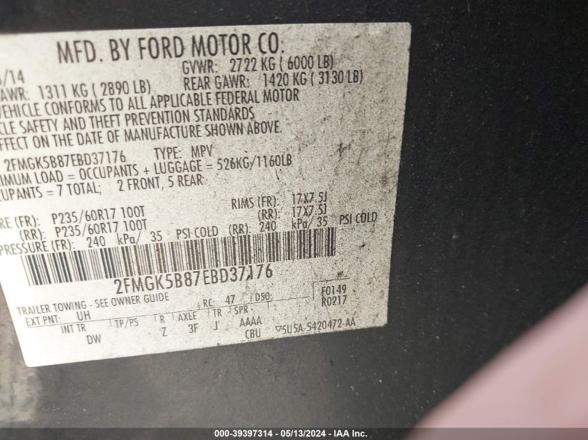 2014 Ford Flex Se VIN: 2FMGK5B87EBD37176 Lot: 39397314