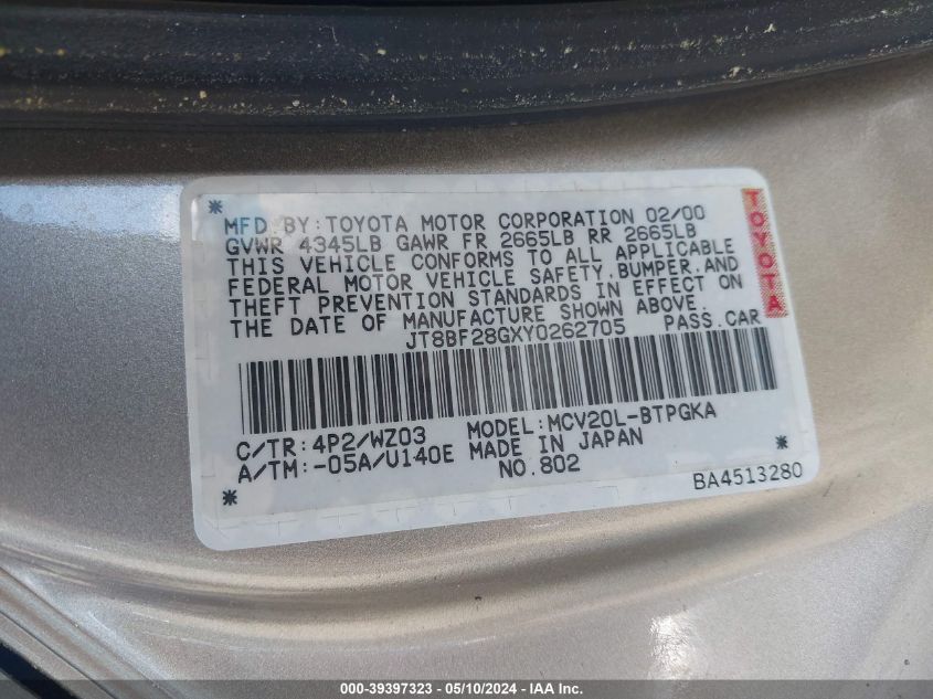 2000 Lexus Es 300 VIN: JT8BF28GXY0262705 Lot: 39397323