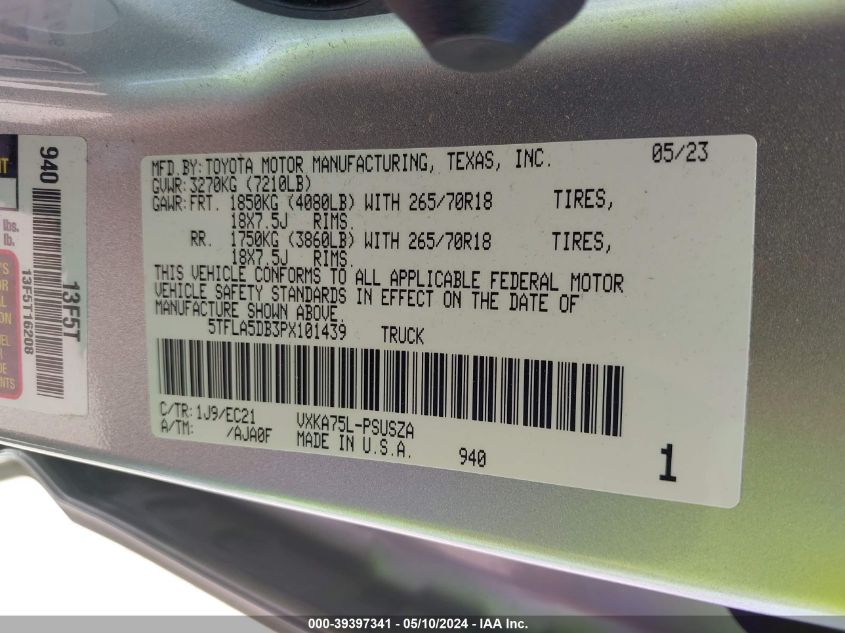 2023 Toyota Tundra Sr5 VIN: 5TFLA5DB3PX101439 Lot: 39397341