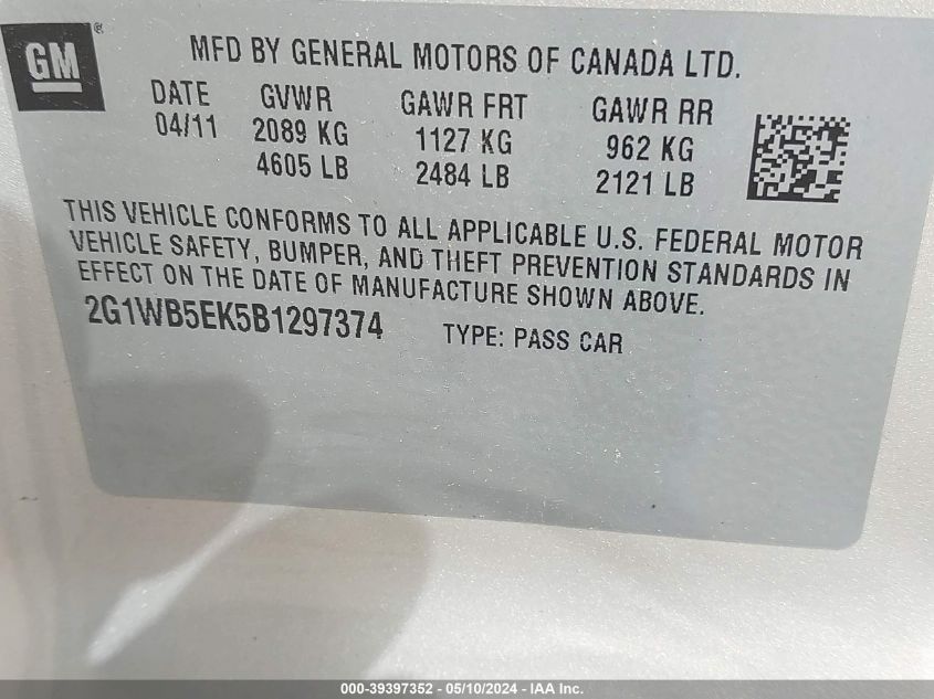 2011 Chevrolet Impala Lt VIN: 2G1WB5EK5B1297374 Lot: 39397352