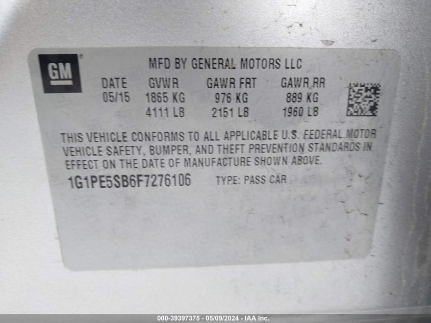 2015 Chevrolet Cruze 2Lt Auto VIN: 1G1PE5SB6F7276106 Lot: 39397375