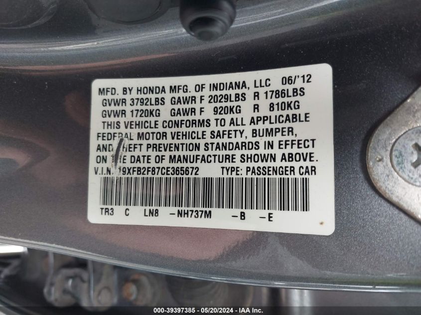 2012 Honda Civic Ex VIN: 19XFB2F87CE365672 Lot: 39397385