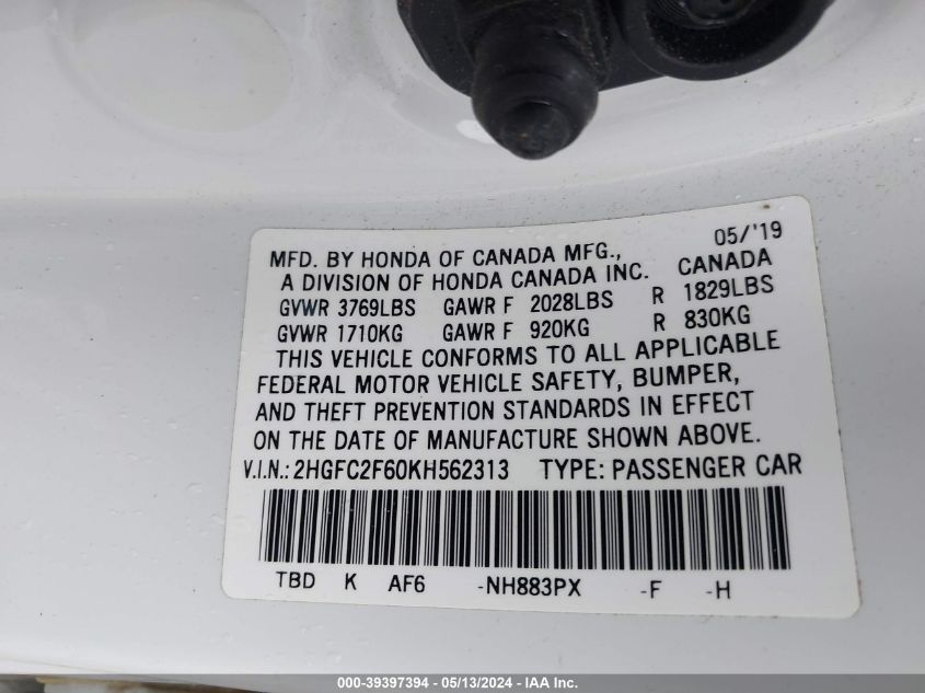 2019 Honda Civic Lx VIN: 2HGFC2F60KH562313 Lot: 39397394
