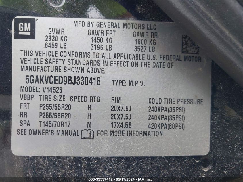 2011 Buick Enclave 2Xl VIN: 5GAKVCED9BJ330418 Lot: 39397412