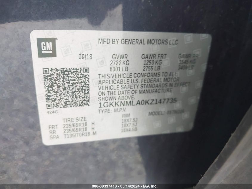 2019 GMC Acadia Slt-1 VIN: 1GKKNMLA0KZ147735 Lot: 39397418