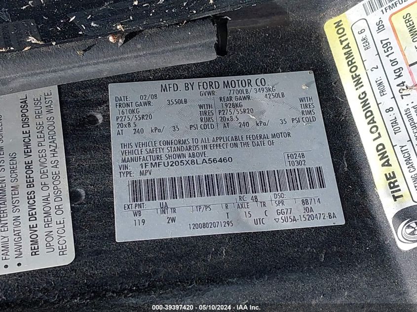 2008 Ford Expedition Limited VIN: 1FMFU205X8LA56460 Lot: 39397420