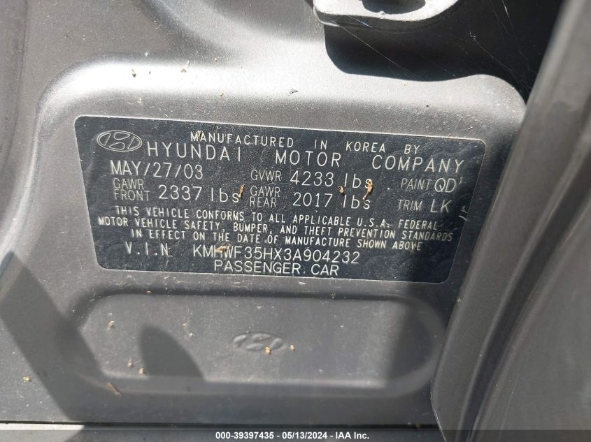 2003 Hyundai Sonata Gls/Lx VIN: KMHWF35HX3A904232 Lot: 39397435