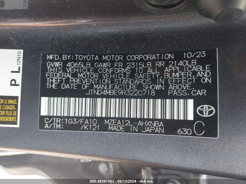 2024 Toyota Corolla Se VIN: JTND4MBE9R3220718 Lot: 39397453