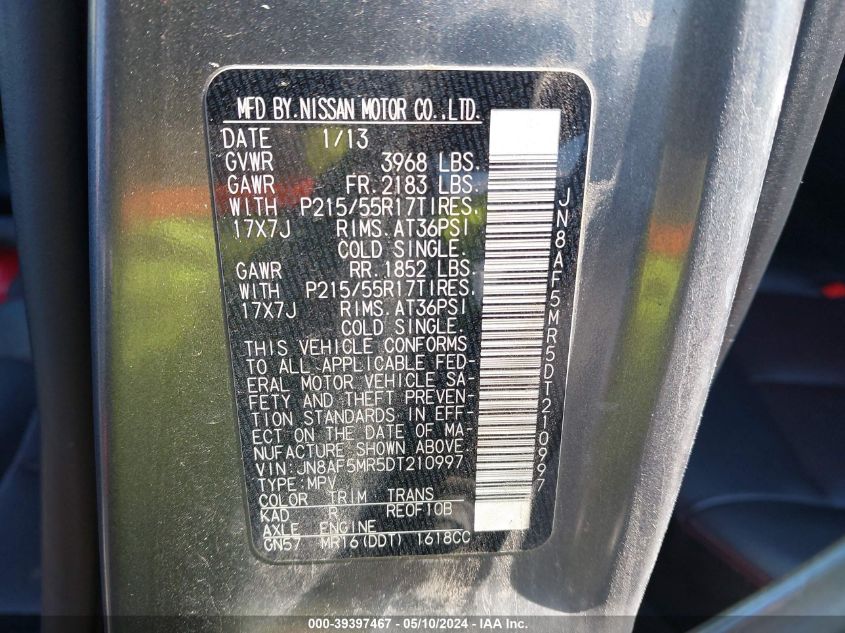 2013 Nissan Juke Sl VIN: JN8AF5MR5DT210997 Lot: 39397467