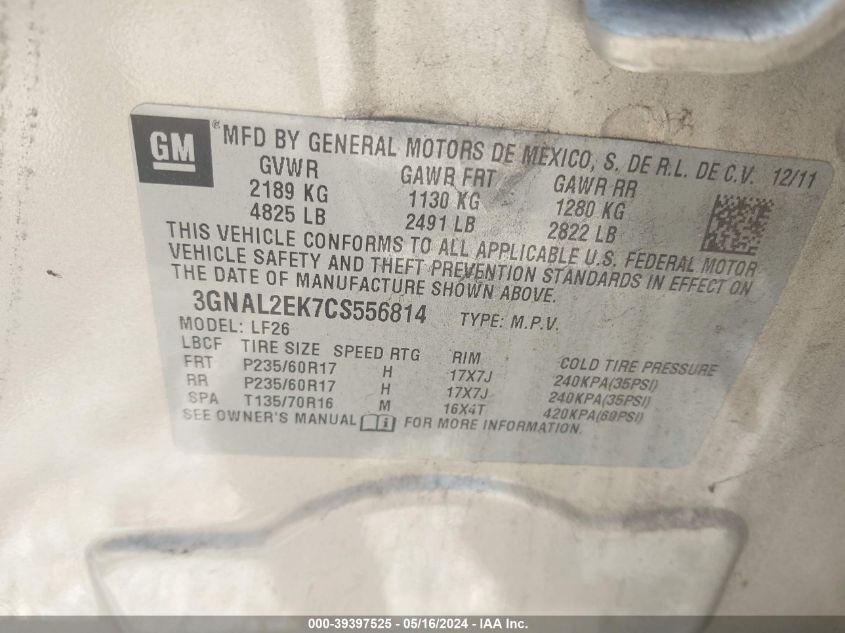 2012 Chevrolet Captiva Sport/Ls VIN: 3GNAL2EK7CS556814 Lot: 39397525