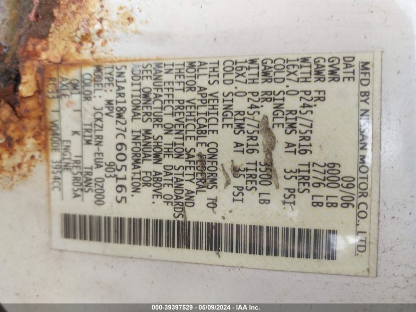 2007 Nissan Pathfinder S VIN: 5N1AR18W27C605165 Lot: 39397529