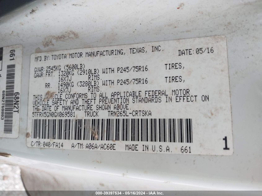 2016 Toyota Tacoma Sr VIN: 5TFRX5GN0GX069581 Lot: 39397534