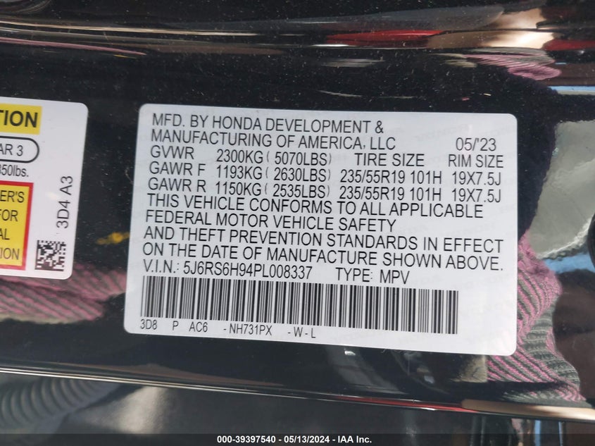 VIN 5J6RS6H94PL008337 2023 HONDA CR-V HYBRID SPORT TOURING
