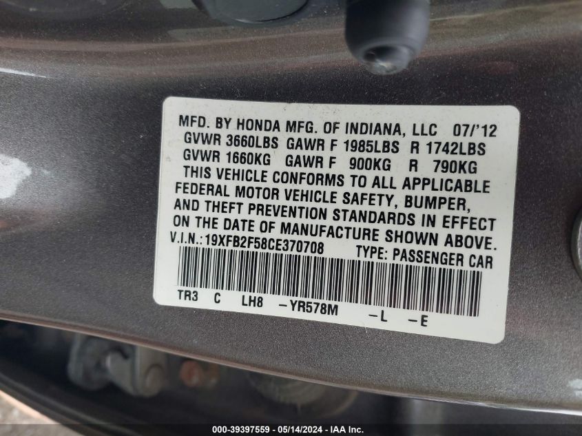 2012 Honda Civic Lx VIN: 19XFB2F58CE370708 Lot: 39397559