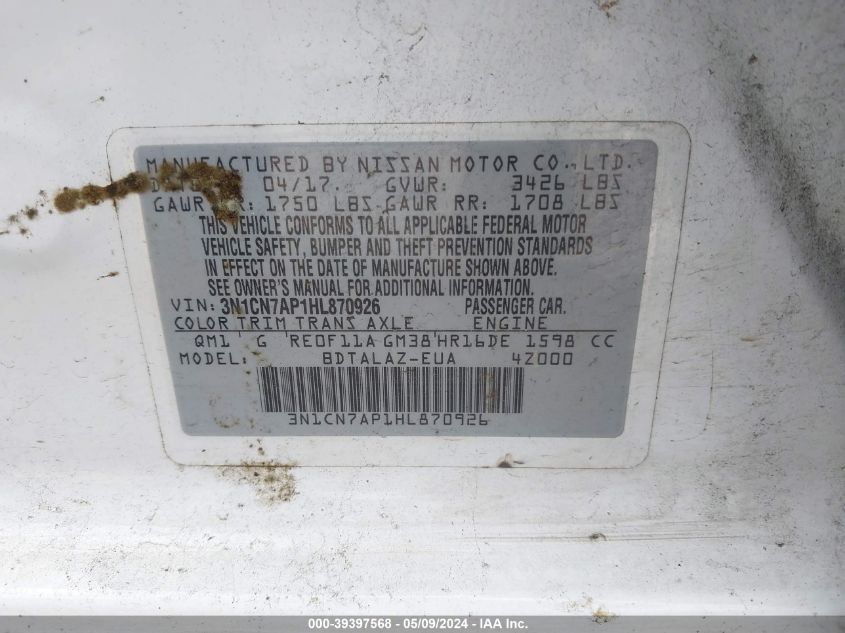 2017 Nissan Versa 1.6 S+ VIN: 3N1CN7AP1HL870926 Lot: 39397568