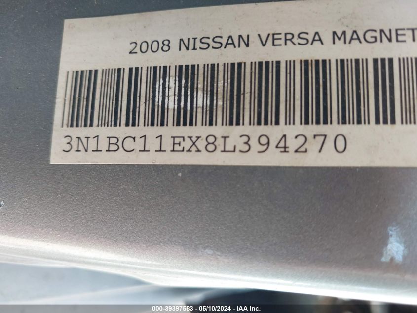 2008 Nissan Versa 1.8Sl VIN: 3N1BC11EX8L394270 Lot: 39397583