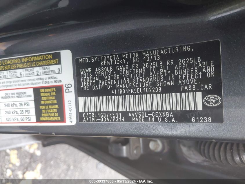 2014 TOYOTA CAMRY HYBRID LE/SE LIMITED EDITION/XLE - 4T1BD1FK9EU102209