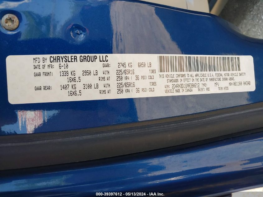 2010 Dodge Grand Caravan Hero VIN: 2D4RN3D16AR380212 Lot: 39397612