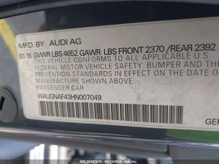 2017 Audi A4 2.0T Premium VIN: WAUGNAF43HN007049 Lot: 39397619