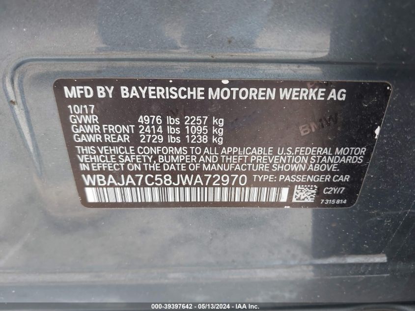 2018 BMW 530I xDrive VIN: WBAJA7C58JWA72970 Lot: 39397642