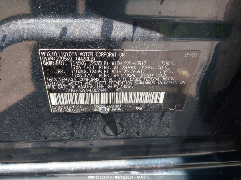 2009 Toyota Rav4 VIN: JTMZF33V49D002449 Lot: 39397643